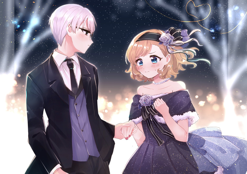 1boy 1girl absurdres blonde_hair blue_eyes blush dress formal glasses hairband highres holding_hands kakegurui looking_at_another manyuuda_kaede necktie nial_1122 over-rim_eyewear semi-rimless_eyewear shirt short_hair sumeragi_itsuki sweatdrop vest white_shirt