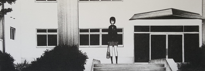 1girl bag black_hair black_legwear blazer bow bowtie building bush door full_body glasses highres jacket kneehighs medium_hair monochrome ogino_jun original plaid plaid_skirt pleated_skirt school_bag school_uniform skirt stairs standing window