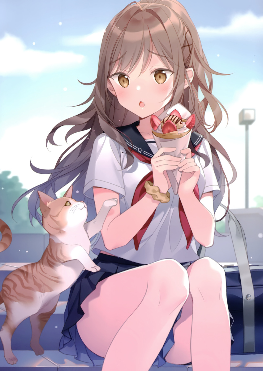 1girl absurdres animal bag bare_legs black_sailor_collar black_skirt blue_sky brown_eyes brown_hair cat chestnut_mouth clouds crepe day food hair_intakes highres holding holding_food lamppost long_hair looking_at_viewer miniskirt neckerchief original outdoors parted_lips pleated_skirt rie_(reverie) sailor_collar scan school_bag school_uniform scrunchie serafuku shirt shirt_overhang short_sleeves sidelocks sitting skirt sky solo thighs white_shirt wrist_scrunchie