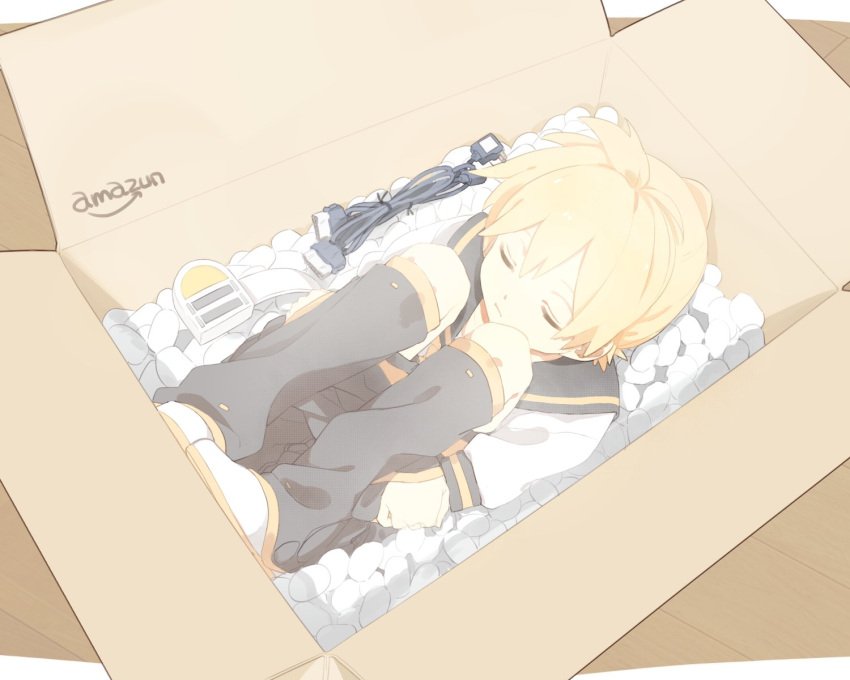 1boy 50off blonde_hair box closed_eyes detached_sleeves foam_peanuts full_body headset highres in_box in_container kagamine_len leg_warmers male_focus sailor_collar shorts solo styrofoam vocaloid