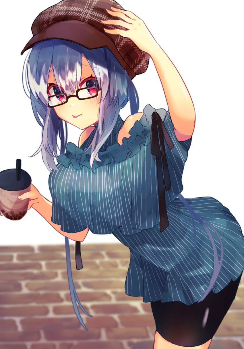 1girl :p arm_up bangs beniko_(ymdbnk) bike_shorts black-framed_eyewear black_shorts blue_dress blue_hair blue_shirt blush brick_floor brown_headwear bubble_tea cabbie_hat closed_mouth commentary_request cup disposable_cup dress drinking_straw eyebrows_visible_through_hair fingernails glasses hair_between_eyes hand_on_headwear hat highres holding holding_cup long_hair looking_at_viewer original plaid_hat red_eyes shirt short_shorts shorts shorts_under_dress sidelocks skindentation smile solo striped striped_shirt tongue tongue_out vertical-striped_dress vertical-striped_shirt vertical_stripes white_background