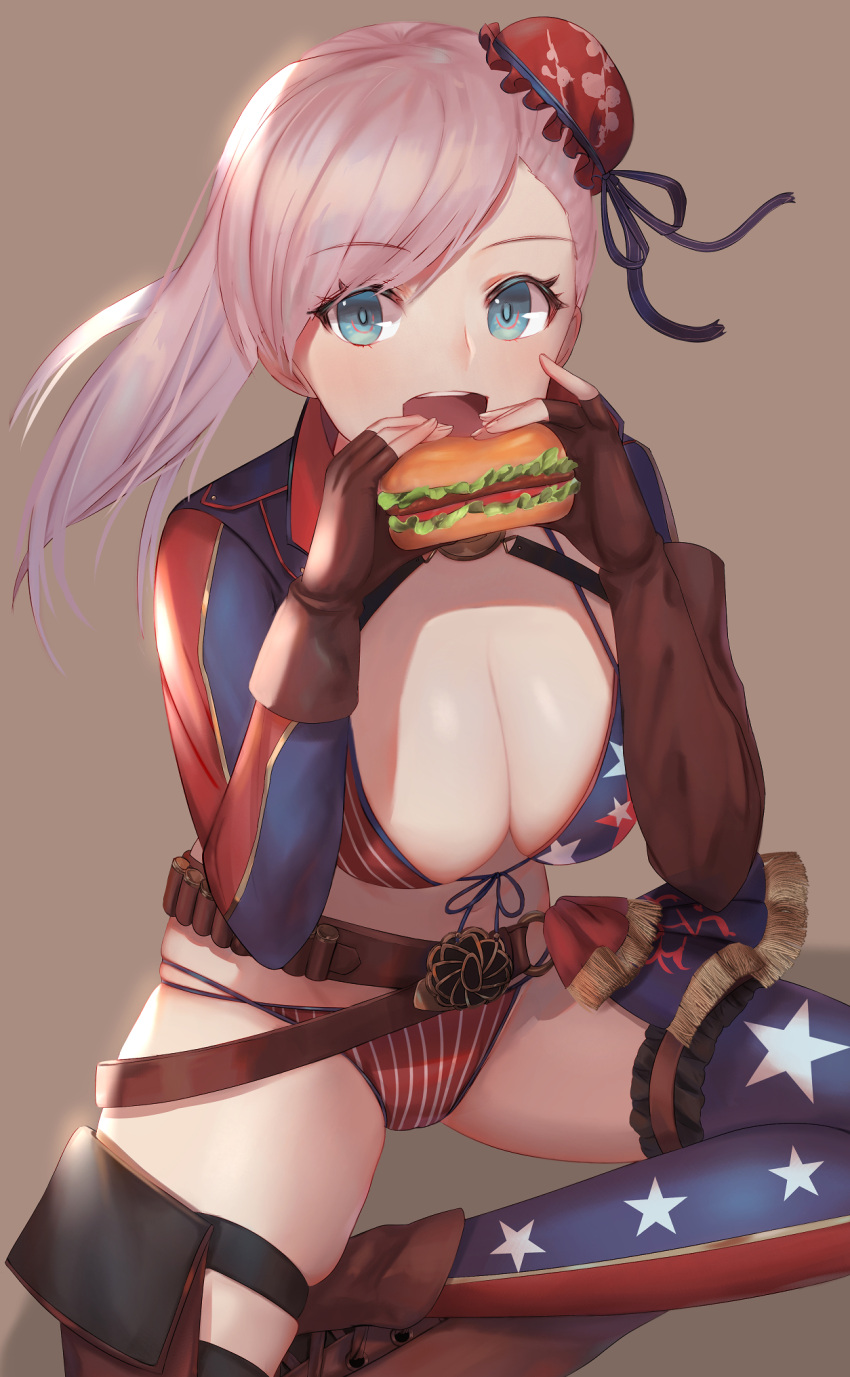 1girl american_flag_bikini asymmetrical_gloves asymmetrical_hair asymmetrical_legwear bangs belt bikini blue_eyes breasts brown_belt brown_gloves bun_cover dolce_(dolsuke) elbow_gloves fate/grand_order fate_(series) fingerless_gloves flag_print food front-tie_bikini front-tie_top gloves hair_bun hamburger highres holding holding_food indian_style large_breasts miyamoto_musashi_(fate/grand_order) miyamoto_musashi_(swimsuit_berserker)_(fate) multi-strapped_bikini pink_hair shrug_(clothing) single_elbow_glove single_sidelock single_thigh_boot sitting solo star star_print swept_bangs swimsuit