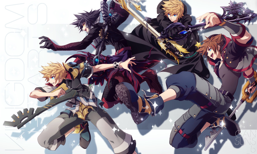 4boys absurdres asymmetrical_clothes black_coat black_coat_(kingdom_hearts) black_gloves black_hair blonde_hair blue_eyes brown_hair clenched_teeth dual_wielding gloves highres holding holding_weapon jacket keyblade kingdom_hearts kingdom_hearts_iii kingdom_key looking_to_the_side midair multiple_boys oathkeeper oblivion_(keyblade) open_mouth outstretched_arm roku_(gansuns) roxas serious shoulder_armor smile sora_(kingdom_hearts) spiky_hair teeth vanitas ventus weapon wristband yellow_eyes