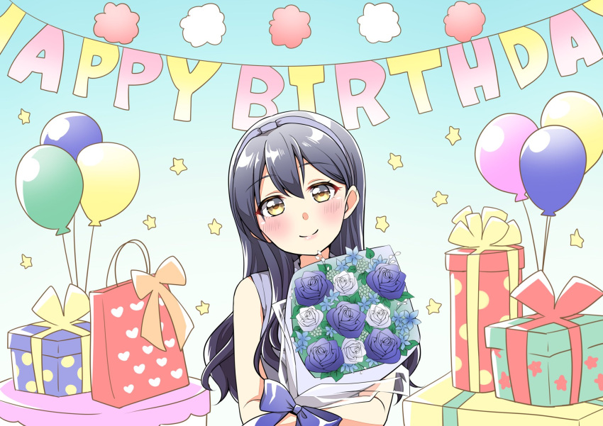 1girl balloon bangs blue_flower blue_hair blush bouquet box commentary_request eyebrows_visible_through_hair flower gift gift_box hair_between_eyes hairband happy_birthday heart highres holding holding_bouquet long_hair looking_at_viewer love_live! love_live!_school_idol_project sleeveless smile solo sonoda_umi takochan77 yellow_eyes