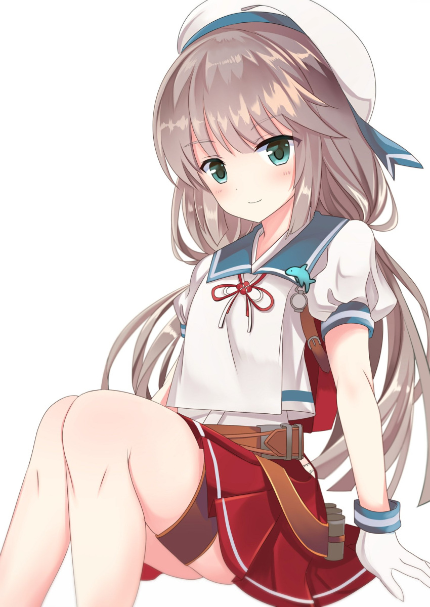 1girl bangs belt blush depth_charge eyebrows_visible_through_hair fathom gloves green_eyes hat highres kantai_collection light_brown_hair long_hair low_twintails mikura_(kantai_collection) pleated_skirt puffy_short_sleeves puffy_sleeves red_skirt sailor_collar sailor_hat sailor_shirt school_uniform serafuku shirt short_sleeves simple_background skirt smile solo twintails white_background white_gloves white_headwear