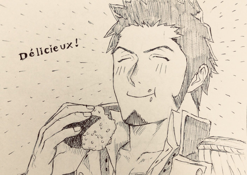 1boy beard blush closed_eyes collared_jacket eating epaulettes face facial_hair fate/grand_order fate_(series) food food_on_face greyscale holding holding_food long_sleeves male_focus monochrome napoleon_bonaparte_(fate/grand_order) niichi21 onigiri rice rice_on_face simple_background sketch smile uniform