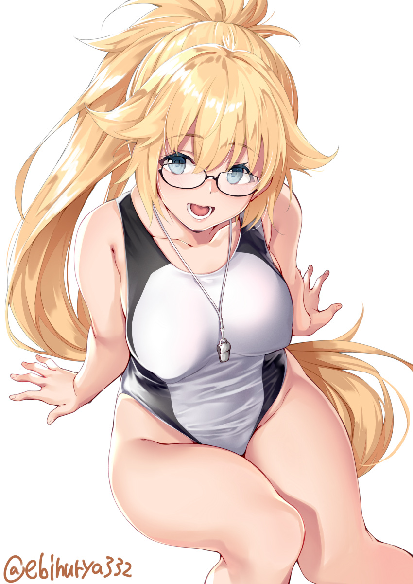 1girl absurdres bangs bare_arms bare_legs bare_shoulders black-framed_eyewear blonde_hair blue_eyes blush collarbone competition_swimsuit ebifurya eyebrows_visible_through_hair fantia_reward fate/grand_order fate_(series) from_above glasses hair_between_eyes highleg highleg_swimsuit highres jeanne_d'arc_(fate)_(all) jeanne_d'arc_(swimsuit_archer) long_hair looking_at_viewer one-piece_swimsuit open_mouth paid_reward ponytail solo swimsuit thighs very_long_hair whistle whistle_around_neck white_background white_swimsuit
