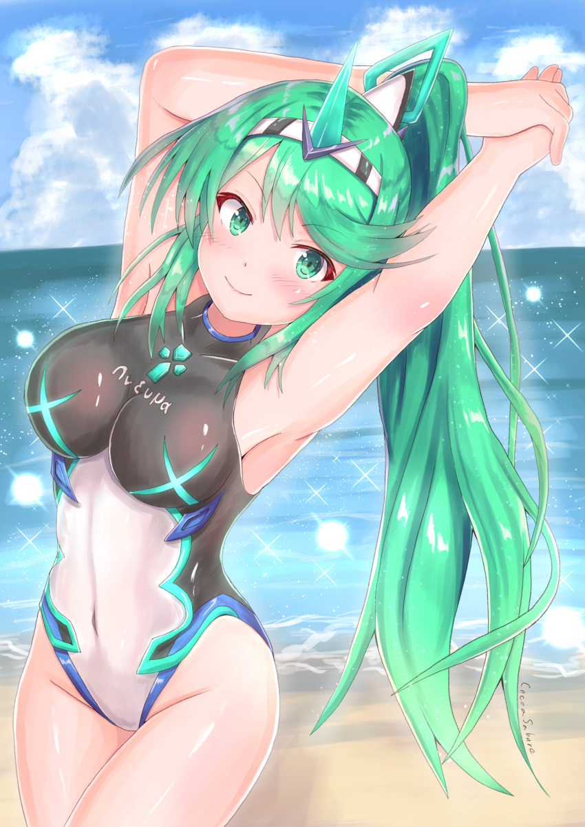 1girl armpits arms_up artist_name bangs bare_shoulders beach black_swimsuit blue_sky blush breasts clouds cocoasabure competition_swimsuit covered_navel cowboy_shot earrings gradient gradient_background green_eyes green_hair highres jewelry long_hair looking_at_viewer medium_breasts ocean one-piece_swimsuit open_mouth pneuma_(xenoblade) ponytail pose shiny shiny_clothes signature sky smile solo spoilers standing swept_bangs swimsuit thighs tiara turtleneck very_long_hair xenoblade_(series) xenoblade_2