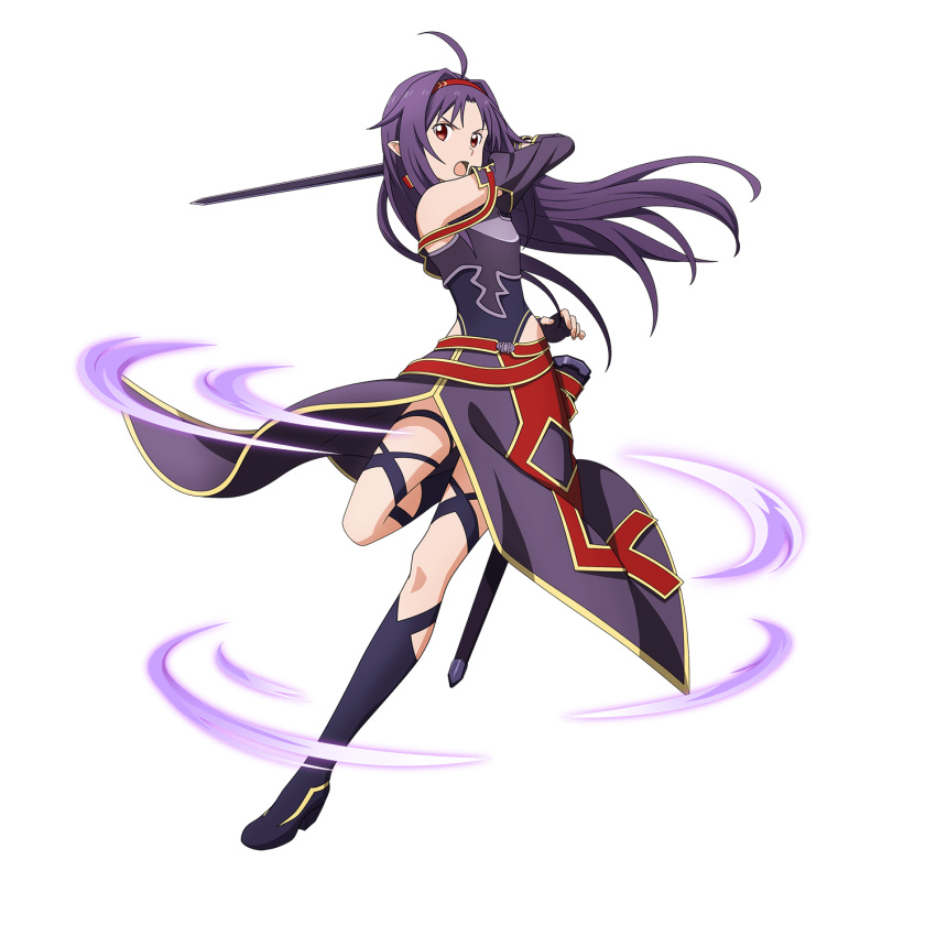 1girl ahoge black_gloves boots breastplate detached_sleeves fingerless_gloves floating_hair full_body gloves hair_intakes hairband highres holding holding_sword holding_weapon knee_boots long_hair long_skirt long_sleeves looking_at_viewer official_art open_mouth purple_footwear purple_hair purple_skirt purple_sleeves red_eyes red_hairband sheath side_slit skirt solo standing standing_on_one_leg sword sword_art_online transparent_background v-shaped_eyebrows very_long_hair weapon yuuki_(sao)