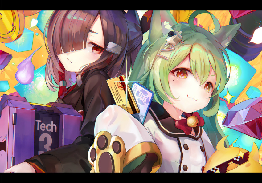 2girls :3 ahoge akashi_(azur_lane) animal_ear_fluff animal_ears azur_lane bangs black_hair blunt_bangs box cat_ears closed_mouth coin commentary_request credit_card cube deal_with_it double-breasted expressionless eyebrows_visible_through_hair gem green_hair hair_between_eyes hair_over_one_eye holding holding_box japanese_clothes jitome kimono letterboxed long_hair looking_at_viewer manjuu_(azur_lane) medium_hair mole mole_under_eye multiple_girls red_eyes shiranui_(azur_lane) sleeves_past_fingers sleeves_past_wrists smile tech_box_(azur_lane) tocope very_long_sleeves yellow_eyes