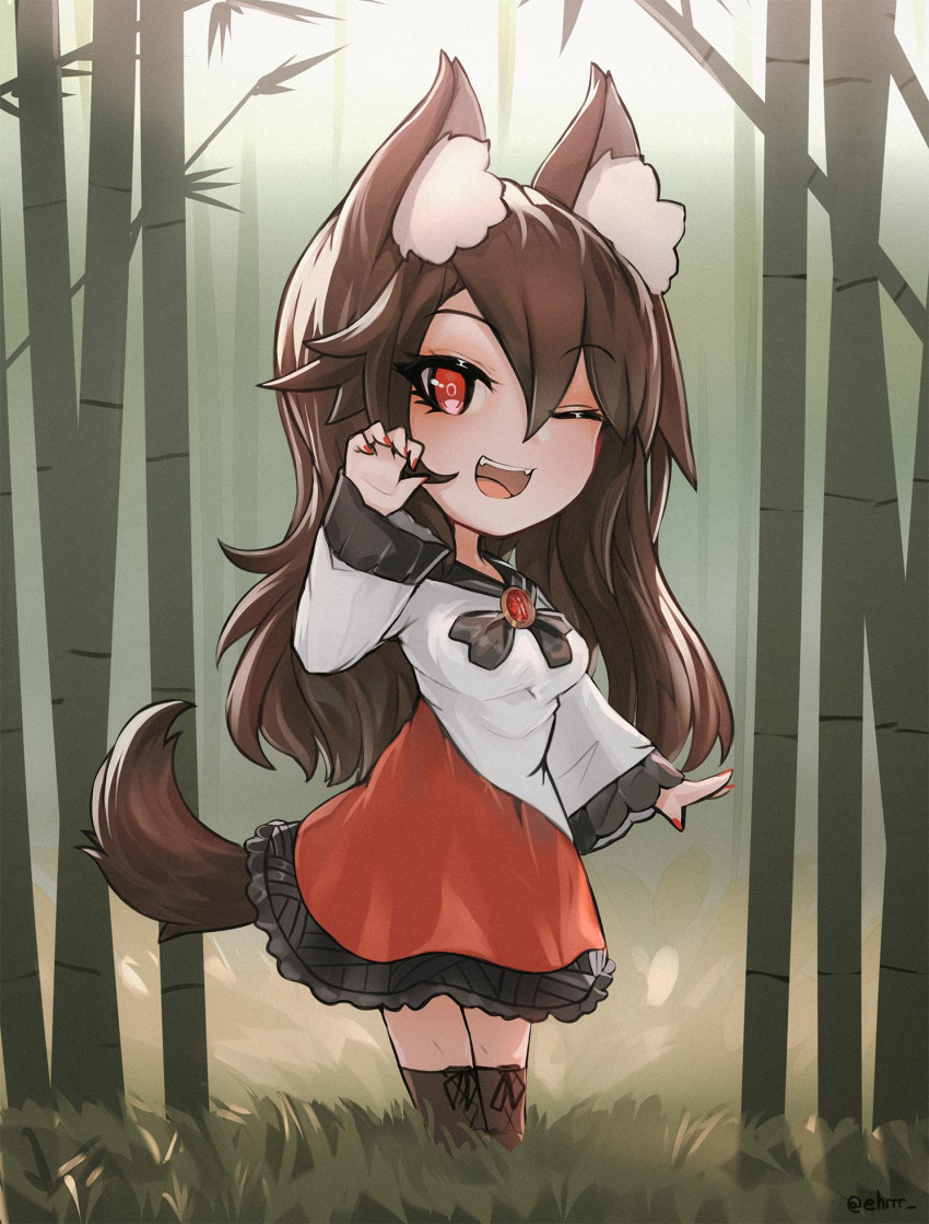 1girl animal_ear_fluff animal_ears bamboo bamboo_forest brooch brown_hair chibi claw_pose dress ehrrr fangs forest hair_between_eyes highres imaizumi_kagerou jewelry long_hair nature one_eye_closed red_eyes red_nails smile solo tail touhou two-tone_dress wide_sleeves wolf_ears wolf_girl wolf_tail