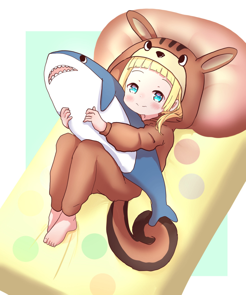 1girl animal_costume animal_ears bangs barefoot blonde_hair blue_eyes blush chipmunk_costume chipmunk_ears chipmunk_girl chipmunk_tail closed_mouth commentary_request eyebrows_visible_through_hair fake_animal_ears forehead highres hood hood_up knees_up long_hair long_sleeves lying object_hug on_back original pillow shiro_hakuchou solo stuffed_animal stuffed_shark stuffed_toy toenails