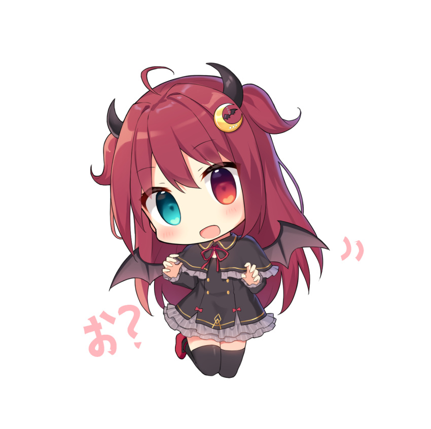 1girl :d bangs black_capelet black_dress black_legwear blue_eyes blush brown_wings capelet chibi commentary_request crescent crescent_hair_ornament demon_girl demon_horns demon_wings dress eyebrows_visible_through_hair frilled_capelet frilled_dress frills hair_between_eyes hair_ornament head_tilt heterochromia highres horns long_hair long_sleeves looking_at_viewer nijisanji open_mouth red_eyes red_footwear redhead shoes simple_background sleeves_past_wrists smile solo thigh-highs translated two_side_up very_long_hair virtual_youtuber white_background wings yada_(xxxadaman) yuzuki_roa
