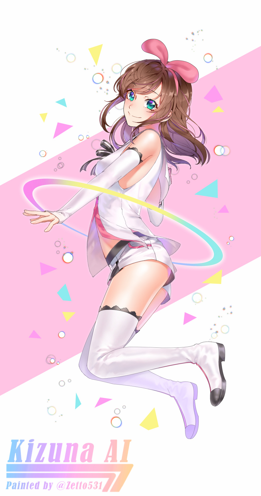 1girl a.i._channel absurdres artist_name bangs blue_eyes boots brown_hair character_name closed_mouth detached_sleeves floating_hair full_body hairband highres kizuna_ai long_hair long_sleeves midriff pink_background pink_hairband shiny shiny_hair short_shorts shorts smile solo stomach swept_bangs thigh-highs thigh_boots virtual_youtuber white_background white_footwear white_shorts white_sleeves zettai_ryouiki zetto531