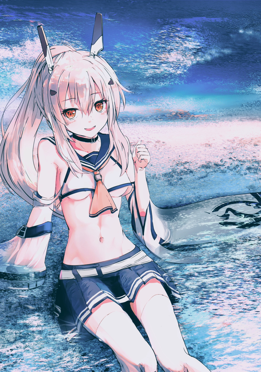 1girl absurdres ayanami_(azur_lane) azur_lane bangs bare_shoulders belt black_choker blue_sailor_collar blue_skirt blue_sky blush breasts choker collarbone commentary_request crop_top crop_top_overhang detached_sleeves eyebrows_visible_through_hair hair_between_eyes headgear highres long_hair long_ponytail long_sleeves looking_at_viewer medium_breasts midriff navel neckerchief ocean open_mouth orange_eyes outdoors platinum_blonde_hair pleated_skirt ponytail retrofit_(azur_lane) sailor_collar sidelocks sitting sitting_on_water skirt sky smile solo stomach ten0309ten under_boob very_long_hair water wide_sleeves yellow_neckwear