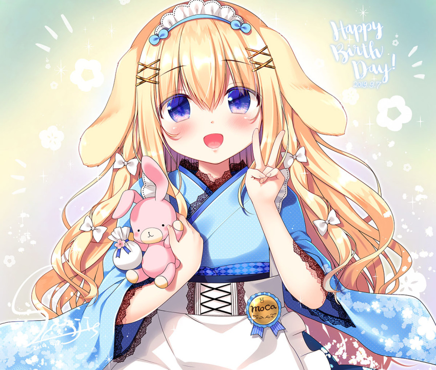 1girl :d animal_ears apron bangs blonde_hair blue_bow blue_kimono blush bow commentary_request dated eyebrows_visible_through_hair fingernails floral_print frilled_apron frills hair_between_eyes hair_bow hair_ornament happy_birthday holding holding_stuffed_animal japanese_clothes kimono lace-trimmed_sleeves long_hair long_sleeves maid_headdress open_mouth original print_kimono rabbit_ears sasai_saji smile solo stuffed_animal stuffed_bunny stuffed_toy upper_body v very_long_hair violet_eyes wa_maid waist_apron white_apron white_bow wide_sleeves x_hair_ornament