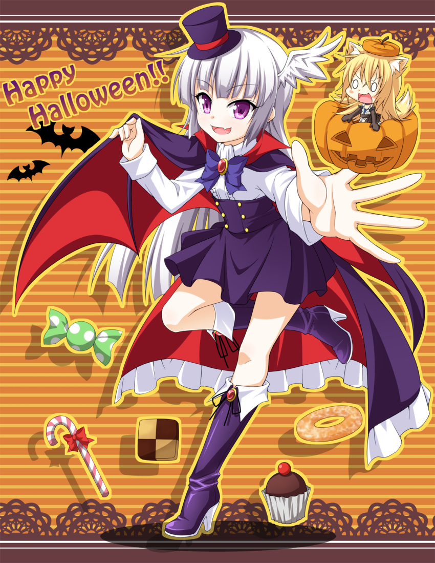 1girl animal_ears blonde_hair blue_eyes boots cape fox_ears fox_tail halloween highres kyuutou_(kyuutouryuu) long_hair original silver_hair tail thigh-highs thigh_boots violet_eyes