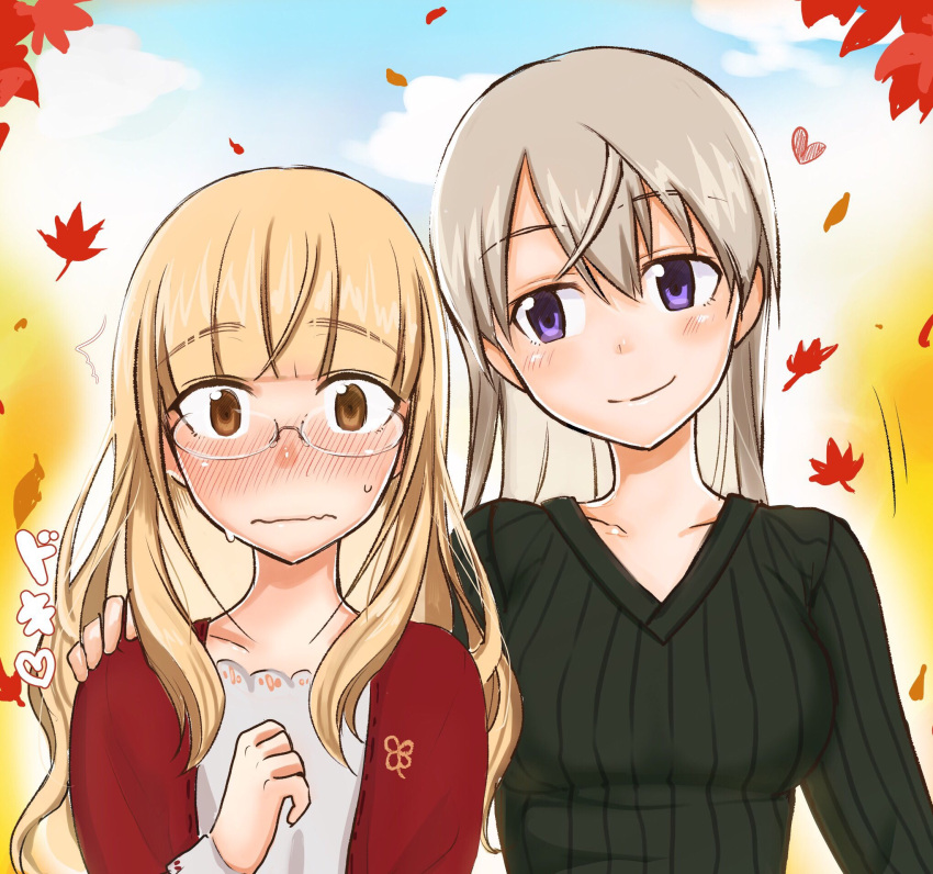 2girls autumn blonde_hair brown_eyes clouds collarbone couple eila_ilmatar_juutilainen emirio_(user_wmup5874) glasses hand_on_another's_shoulder highres leaf long_hair multiple_girls nervous perrine_h_clostermann silver_hair sky smile strike_witches sweat violet_eyes world_witches_series yuri