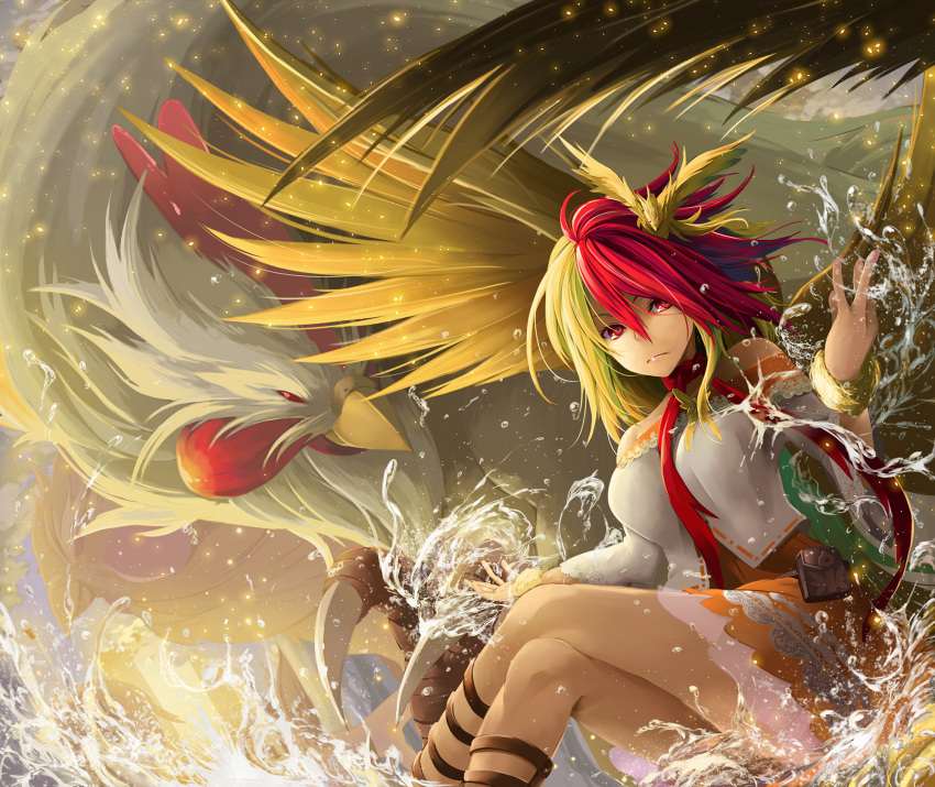 1girl animal animal_on_head arms_up bare_shoulders bird bird_on_head bird_wings blonde_hair bracelet chicken commentary_request crossed_legs detached_sleeves dress feet_out_of_frame frown hair_between_eyes highres ishida_kazuma jewelry layered_dress looking_at_viewer multicolored_hair niwatari_kutaka on_head oversized_animal red_eyes red_neckwear redhead scarf sitting solo splashing strapless strapless_dress touhou two-tone_hair water water_drop wings