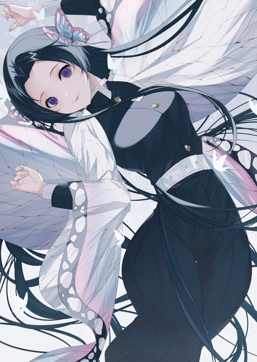 1girl absurdres arm_up bangs belt belt_buckle black_hair black_jacket black_pants blush breasts buckle bug butterfly butterfly_hair_ornament closed_mouth commentary_request fingernails forehead hair_ornament hamada_pochiwo highres insect jacket kimetsu_no_yaiba kochou_shinobu long_hair long_sleeves looking_at_viewer medium_breasts open_clothes pants parted_bangs puffy_long_sleeves puffy_sleeves smile solo very_long_hair violet_eyes white_belt wide_sleeves