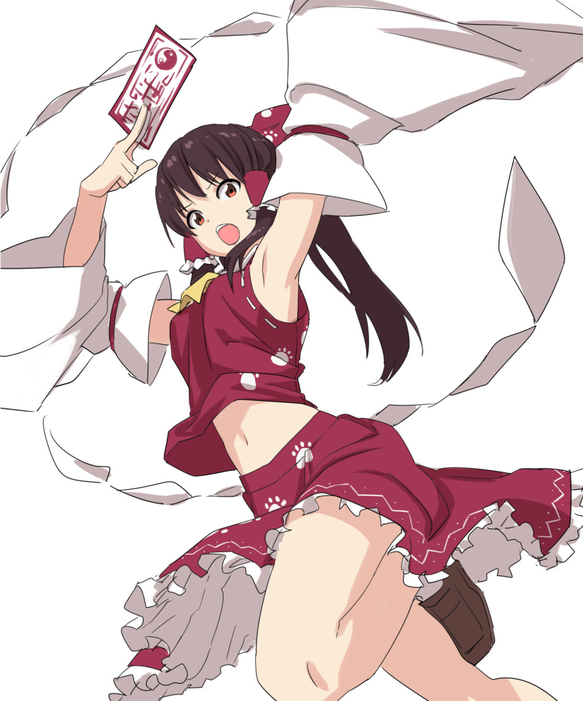 1girl armpits arms_up ascot bangs bare_shoulders black_hair bow breasts brown_footwear commentary_request crop_top detached_sleeves feet_out_of_frame hair_bow hair_tubes hakurei_reimu highres holding leon_(mikiri_hassha) long_hair long_sleeves looking_at_viewer medium_breasts midriff miniskirt navel ofuda open_mouth paw_print petticoat ponytail red_bow red_eyes red_skirt ribbon_trim shide shoes sidelocks simple_background skirt skirt_set solo stomach thighs touhou white_background wide_sleeves wily_beast_and_weakest_creature yellow_neckwear