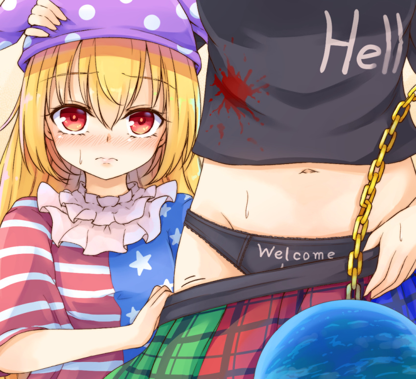 2girls 3: american_flag_dress bangs beige_background black_panties black_shirt blonde_hair blue_dress blue_skirt blush chain clothes_writing clownpiece commentary_request cowboy_shot dress earth_(ornament) eyebrows_visible_through_hair green_skirt groin hair_between_eyes hat hecatia_lapislazuli jester_cap long_hair looking_at_viewer lower_body midriff multicolored multicolored_clothes multicolored_skirt multiple_girls navel neck_ruff neko_mata nose_blush panties plaid plaid_skirt polka_dot polka_dot_hat pulled_by_another purple_headwear red_dress red_eyes red_skirt shirt short_sleeves skirt skirt_pull standing striped striped_dress sweat t-shirt touhou underwear upper_body white_dress