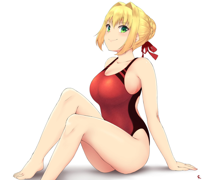 1girl absurdres ahoge barefoot blonde_hair braid breasts collarbone commentary_request fate/extra fate/grand_order fate_(series) green_eyes hair_bun highres large_breasts long_hair looking_at_viewer nero_claudius_(fate) nero_claudius_(fate)_(all) red_ribbon red_swimsuit ribbon simple_background sitting smile solo swimsuit white_background yue_(show-ei)