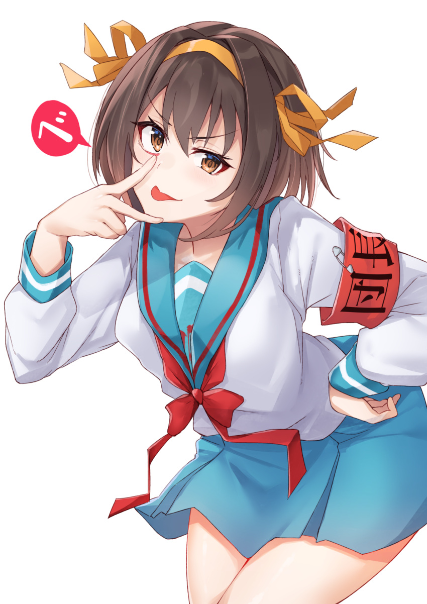 1girl blue_skirt breasts brown_eyes brown_hair commentary_request cute hair_ribbon hairband highres kadokawa_shoten kita_high_school_uniform kyoto_animation long_sleeves looking_at_viewer ribbon school_uniform serafuku short_hair skirt solo suzumiya_haruhi suzumiya_haruhi_no_yuuutsu tapioka_(oekakitapioka) tongue tongue_out