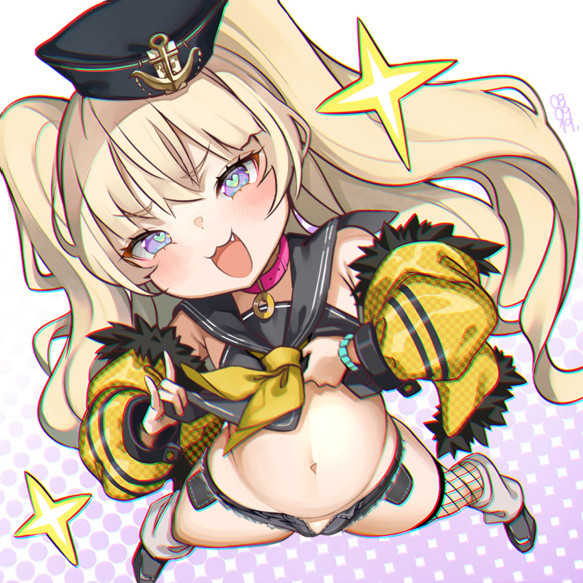 1girl :d \m/ azur_lane bache_(azur_lane) bangs blonde_hair blush collar eyebrows_visible_through_hair fang fishnet_legwear fishnets hat heart heart-shaped_pupils highres jacket long_hair looking_at_viewer navel off_shoulder open_clothes open_mouth open_shorts rangsiwut_sangwatsharakul sailor_collar shorts smile solo spread_legs symbol-shaped_pupils thigh-highs twintails very_long_hair violet_eyes