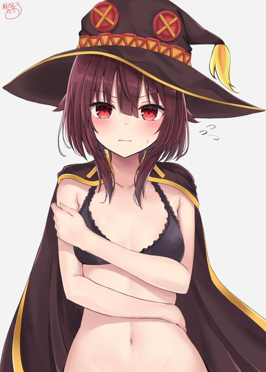 1girl bare_arms bare_shoulders black_bra blush bra breasts brown_hair brown_headwear cape closed_mouth collarbone commentary_request flying_sweatdrops frown grey_background hat highres kono_subarashii_sekai_ni_shukufuku_wo! looking_at_viewer medium_breasts megumin navel noeru_(gt17854) red_eyes short_hair signature simple_background solo sweat underwear underwear_only upper_body v-shaped_eyebrows witch_hat