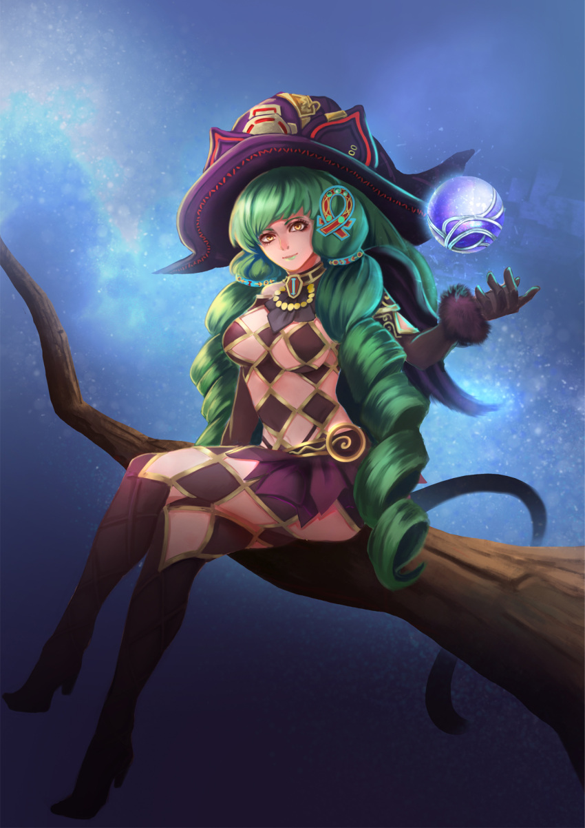 1girl black_gloves black_headwear breasts cat_tail closed_mouth commentary_request drill_hair fiore_brunelli gloves green_hair hair_ornament hat highres long_hair looking_at_viewer makeup miniskirt revealing_clothes riyu_(gauzama) skirt smile solo star_ocean star_ocean_integrity_and_faithlessness tail twin_drills witch_hat yellow_eyes