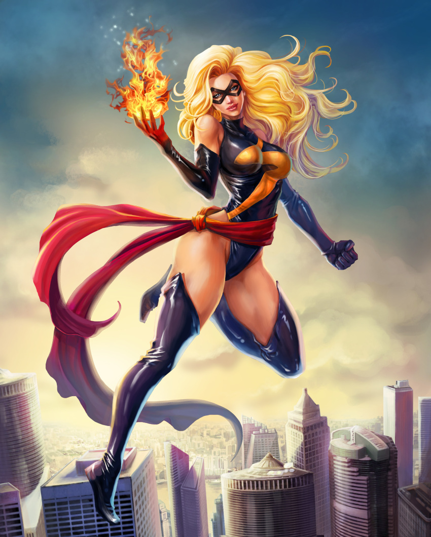 blonde_hair boots breasts carol_danvers domino_mask highres krystopher_decker large_breasts leotard marvel mask ms._marvel sash thigh-highs thigh_boots