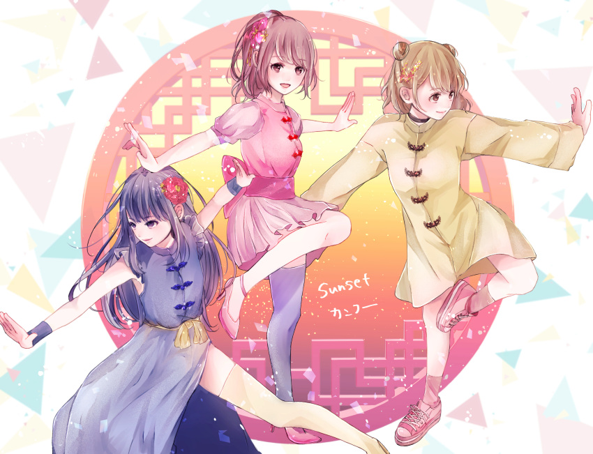 3girls bangs black_choker black_hair blonde_hair blue_dress blue_legwear bow character_request chinese_clothes choker commentary_request copyright_request double_bun dress eyebrows_visible_through_hair flower hair_flower hair_ornament highres large_bow long_hair looking_at_viewer multiple_girls pink_dress pink_flower pink_footwear ponytail puffy_short_sleeves puffy_sleeves red_flower shoes short_hair short_sleeves tagme thigh-highs toukaairab yellow_dress