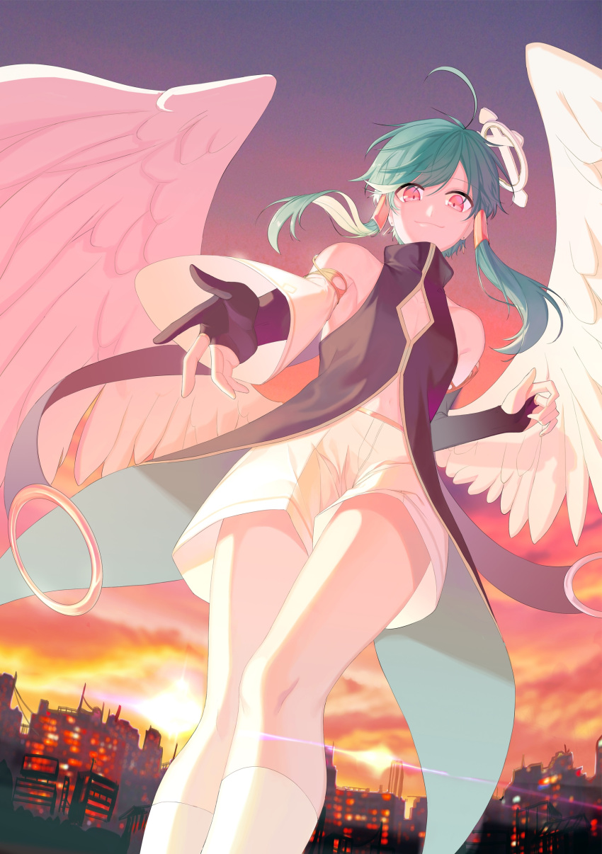 1boy absurdres ahoge angel angel_wings bangs bare_shoulders black_gloves black_jacket collarbone commentary_request elbow_gloves feathered_wings fingerless_gloves from_below gloves green_hair hair_ornament highres jacket lemonpear navel original otoko_no_ko shorts smile sunset twintails white_shorts wings