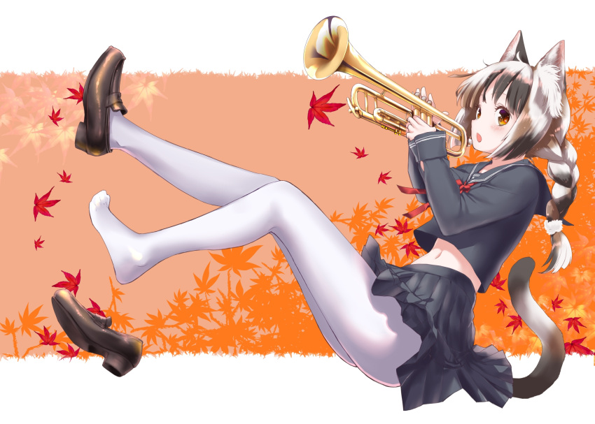 1girl :o bangs black_shirt black_skirt blush brown_eyes brown_footwear brown_hair cat cat_tail commentary_request eyebrows_visible_through_hair from_side highres holding holding_instrument instrument long_sleeves mozu_(peth) multicolored_hair navel original pantyhose pleated_skirt shirt shoes skirt solo tail trumpet white_hair white_legwear