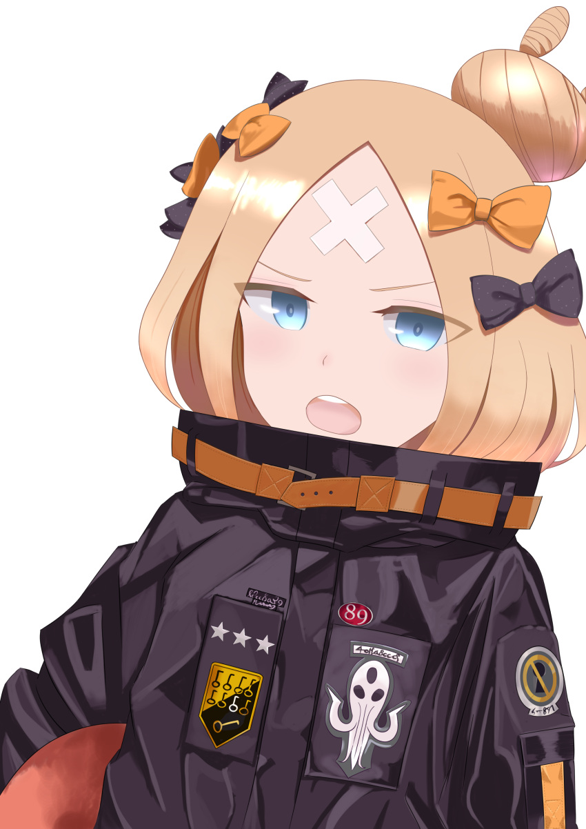 1girl abigail_williams_(fate/grand_order) absurdres bandaid_on_forehead bangs belt black_bow black_jacket blonde_hair blue_eyes blush bow crossed_bandaids fate/grand_order fate_(series) forehead hair_bow hair_bun heroic_spirit_traveling_outfit high_collar highres holding holding_stuffed_animal jacket long_hair long_sleeves looking_at_viewer multiple_bows open_mouth orange_belt orange_bow parted_bangs polka_dot polka_dot_bow purewhite_draw simple_background solo stuffed_animal stuffed_toy teddy_bear