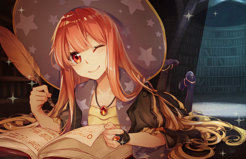 1girl atelier_(series) atelier_escha_&amp;_logy book bookshelf commentary_request gloves hat jewelry library long_hair looking_at_viewer lying necklace on_stomach one_eye_closed quill red_eyes redhead san+ single_glove smile solo sparkle wilbell_voll=erslied witch_hat