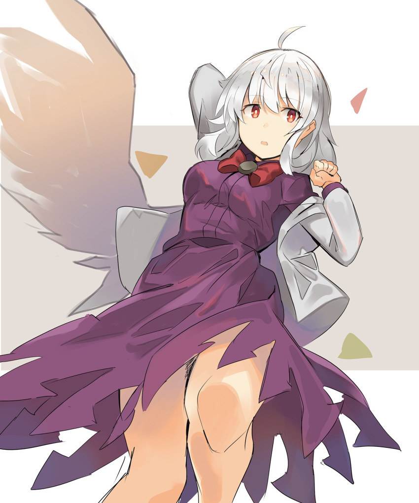 1girl ahoge arm_up bangs bow bowtie breasts clenched_hand commentary_request dress eyebrows_visible_through_hair feet_out_of_frame grey_background grey_jacket hair_between_eyes hand_up highres jacket kishin_sagume long_sleeves looking_at_viewer medium_breasts off_shoulder open_clothes open_jacket parted_lips purple_dress red_bow red_eyes red_neckwear rin_falcon short_hair sidelocks silver_hair single_wing solo thighs touhou two-tone_background white_background white_wings wings