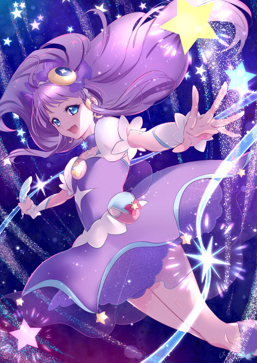 1girl :d absurdres blue_eyes boots crescent crescent_hair_ornament cure_selene dress floating_hair hair_ornament hair_tubes highres holding huge_filesize kaguya_madoka knee_boots long_hair open_mouth outstretched_arms outstretched_hand precure purple_dress purple_footwear purple_hair shiny shiny_hair shipu_(gassyumaron) short_dress short_sleeves smile solo star_twinkle_precure very_long_hair