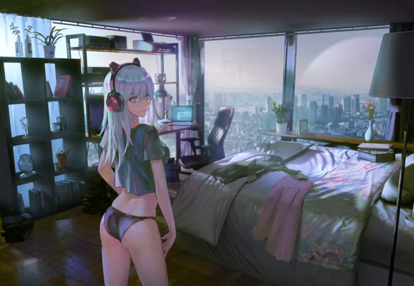 1girl animal_ears ass axent_wear bangs bed black_jacket black_panties black_shirt blue_eyes book book_stack breasts cat_ear_headphones cat_ears chair cityscape commentary computer crop_top day denki english_commentary fake_animal_ears flower grey_shirt hair_between_eyes headphones indoors jacket jacket_removed lamp laptop large_breasts long_hair looking_at_viewer looking_back no_pants office_chair original panties plant potted_plant shelf shirt short_sleeves silver_hair smile solo standing thighs underwear violet_eyes window