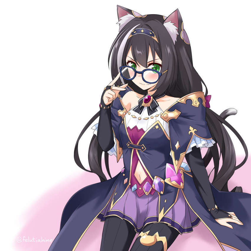 1girl adjusting_eyewear animal_ears bespectacled blush cat_ears collarbone dress felutiahime gem glasses green_eyes hair_between_eyes headband highres jewelry kyaru_(princess_connect) long_hair navel princess_connect! princess_connect!_re:dive sitting solo twitter_username