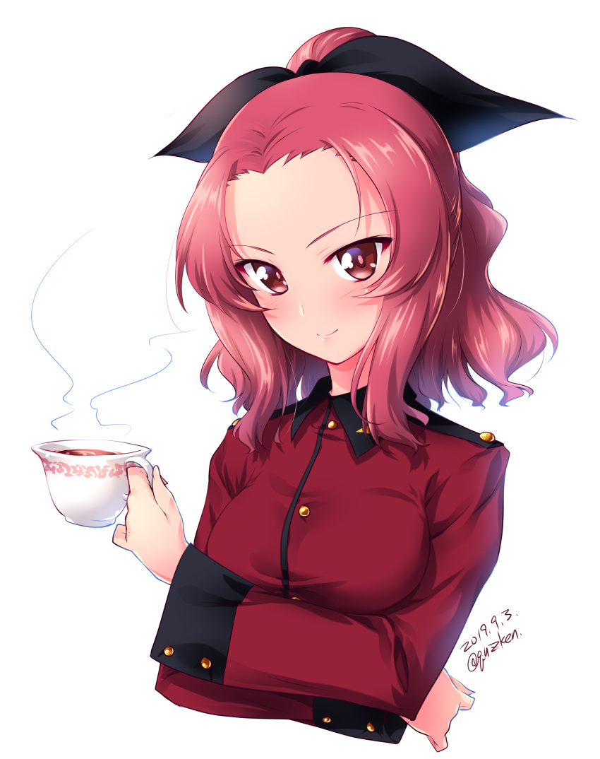 1girl absurdres alternate_hairstyle blush brown_eyes closed_mouth commentary cropped_torso crossed_arms cup dated epaulettes girls_und_panzer hair_up highres holding holding_cup jacket kuzuryuu_kennosuke long_sleeves looking_at_viewer medium_hair military military_uniform red_jacket redhead rosehip short_ponytail simple_background smile solo st._gloriana's_military_uniform tea teacup team twitter_username uniform upper_body white_background