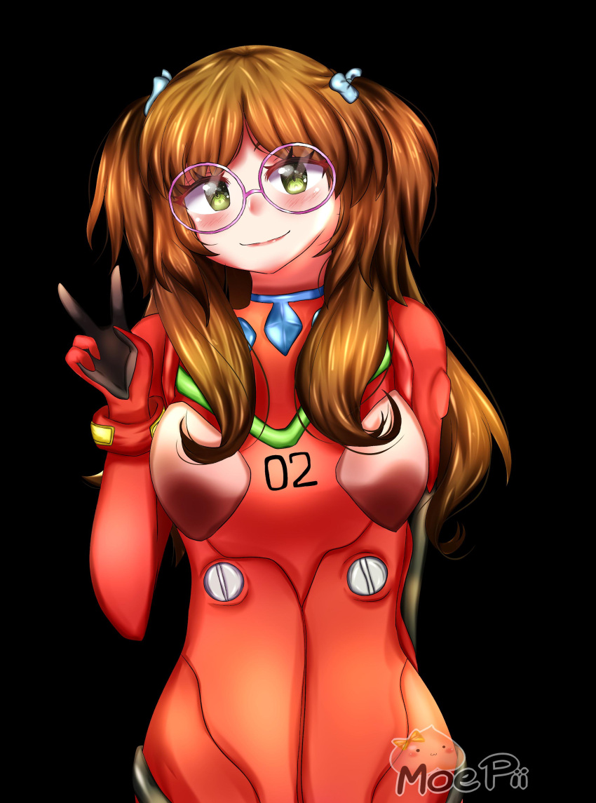 1girl artist_name blush cosplay crossover glasses green_eyes half_updo long_hair moeprosciutto neon_genesis_evangelion original parody peace_sign pigtails plugsuit plugsuit_(cosplay) sinamuna_(character) smile solo souryuu_asuka_langley_(cosplay) twintails