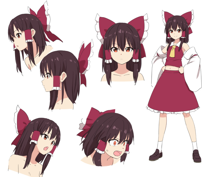 1girl ascot bangs bare_shoulders black_footwear black_hair bow collarbone commentary_request cropped_shoulders detached_sleeves eyebrows_visible_through_hair frilled_bow frills from_side full_body hair_between_eyes hair_bow hair_tubes hakurei_reimu hands_on_hips leon_(mikiri_hassha) loafers long_hair long_sleeves looking_at_viewer midriff multiple_views navel open_mouth parted_lips petticoat portrait profile red_bow red_eyes red_skirt shoes sidelocks simple_background skirt smile socks standing touhou white_background white_legwear wide_sleeves yellow_neckwear