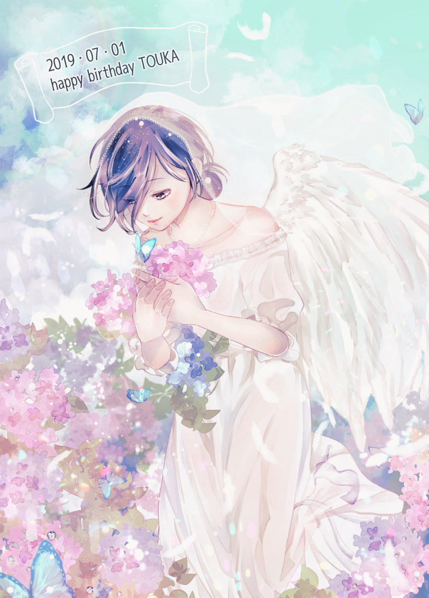 1girl absurdres bare_shoulders blue_hair bridal_veil bug butterfly character_name collarbone commentary_request dated dress eyebrows_visible_through_hair flower hair_over_one_eye happy_birthday highres insect jewelry kirishima_touka looking_at_viewer necklace short_hair solo tokyo_ghoul toukaairab veil violet_eyes white_dress wings