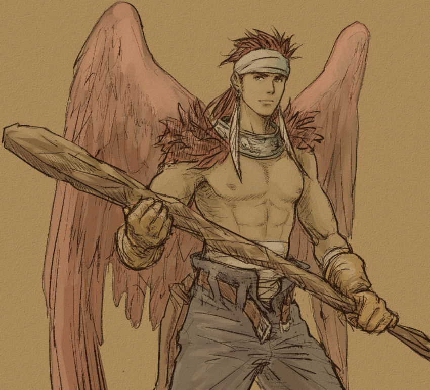 1boy abs belt brown_background brown_eyes brown_gloves brown_wings canopus_wolph club cowboy_shot feathered_wings gloves headband looking_at_viewer male_focus pants pectorals redhead sketch solo standing tactics_ogre weapon white_headband windcaller wings