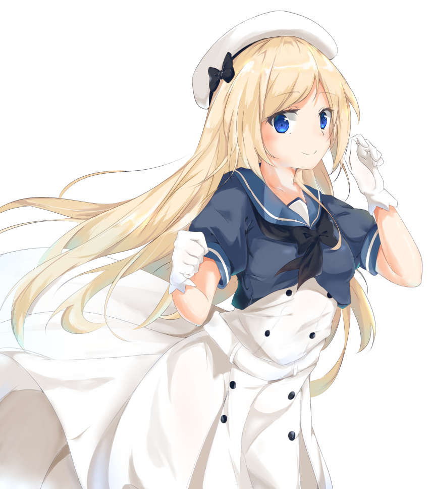 1girl absurdres bangs black_neckwear blonde_hair blue_eyes blue_sailor_collar blush bow breasts buttons dress eyebrows_visible_through_hair gloves hat hat_bow highres jervis_(kantai_collection) kantai_collection long_hair looking_at_viewer mary_janes neckerchief sailor_collar sailor_dress sailor_hat shoes short_sleeves simple_background sky smile solo sugihiro white_background white_dress white_gloves white_headwear
