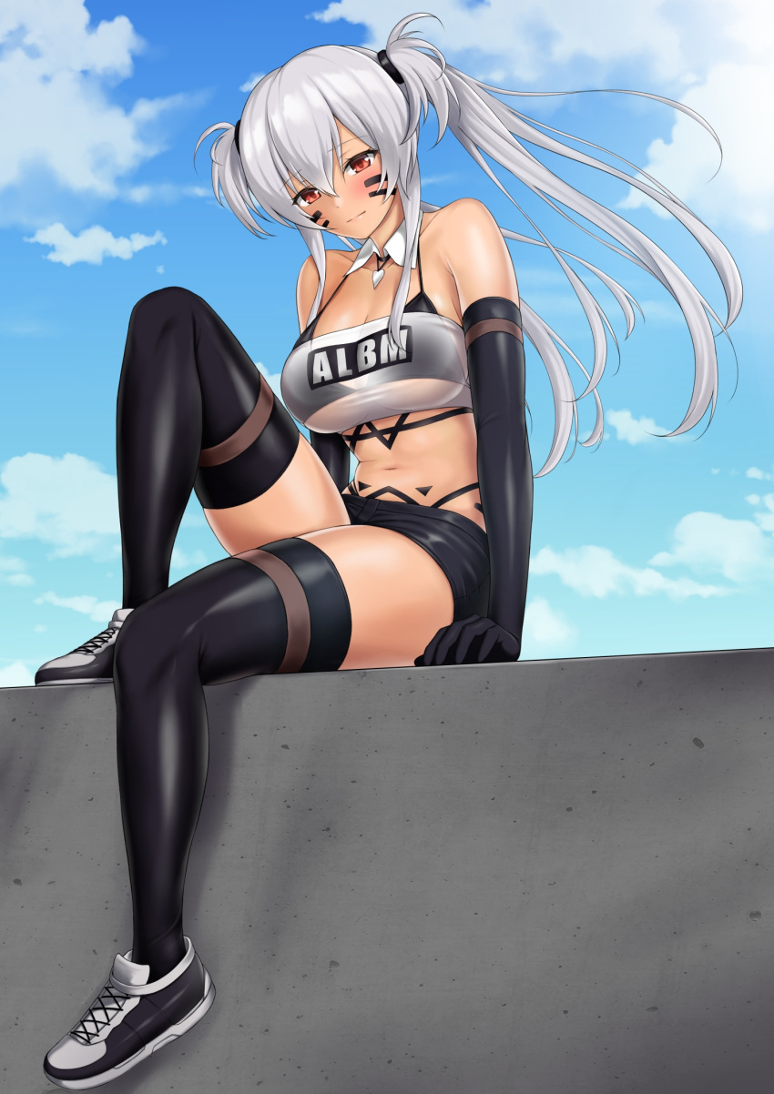 1girl alabama_(azur_lane) azur_lane bare_shoulders bikini black_bikini_top black_legwear blue_sky blush bodypaint breasts clouds dark_skin day detached_collar elbow_gloves eyebrows_visible_through_hair facepaint gloves grey_hair highleg highleg_bikini highleg_panties highres kamui_aya large_breasts native_american navel outdoors panties pencil_skirt red_eyes shoes sitting_on_wall skirt sky sneakers solo strapless string_bikini_top swimsuit thigh-highs thong thong_bikini tubetop twintails underwear wall