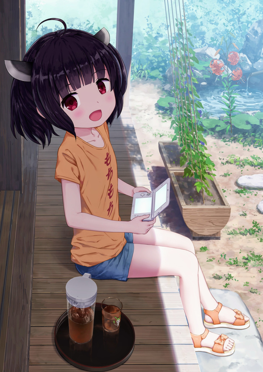 1girl ahoge alternate_costume bangs black_hair blunt_bangs blush bob_cut casual collarbone denim denim_shorts flat_chest flower garden glass handheld_game_console happy headgear highres iced_tea isou_nagi looking_at_viewer looking_to_the_side nintendo_3ds open_mouth outdoors pitcher plant pond porch potted_plant sandals shade shirt short_hair shorts sitting smile solo t-shirt tea touhoku_kiritan violet_eyes voiceroid water