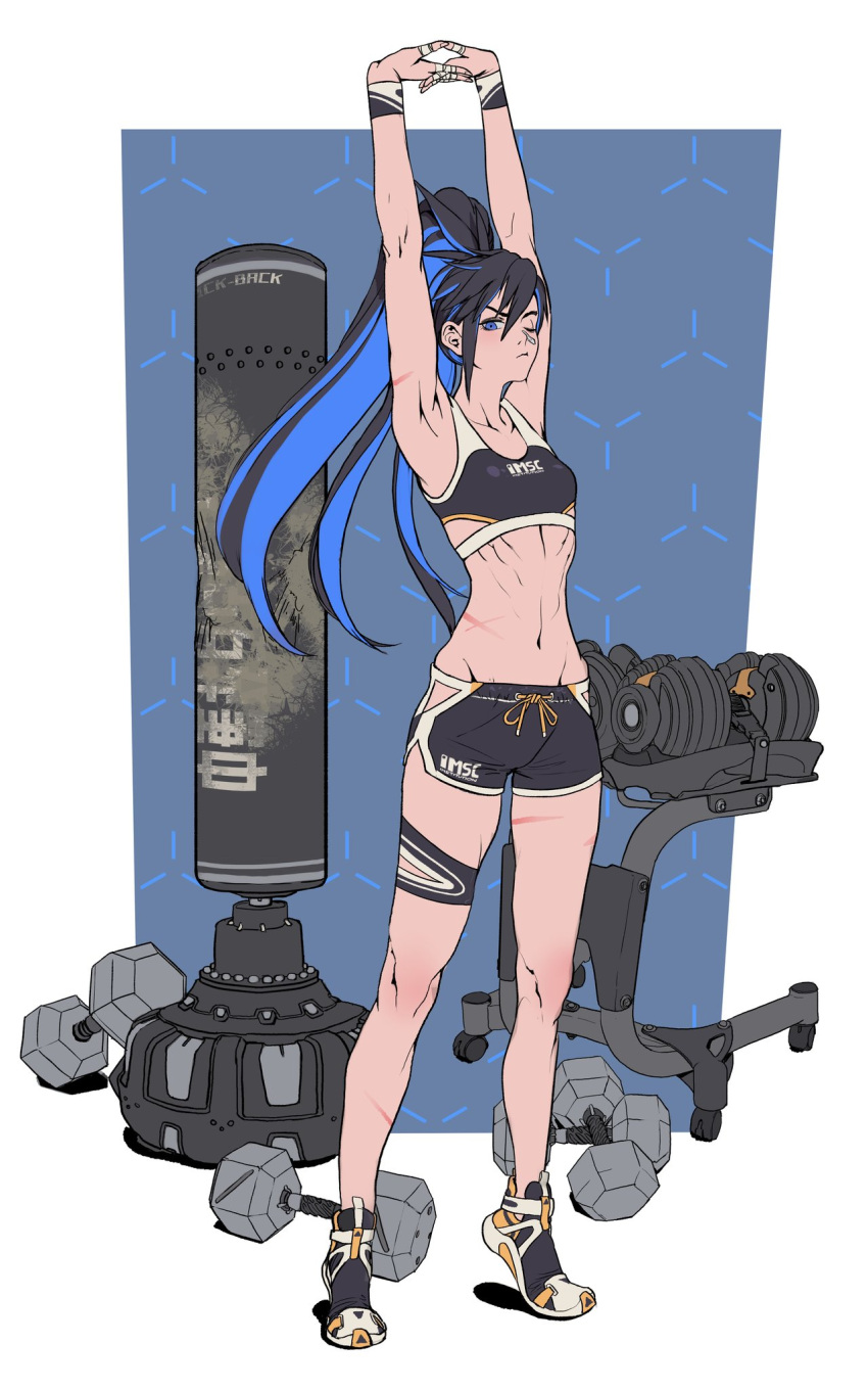 1girl armband arms_up blue_eyes blue_hair high_ponytail highres instant_ip long_hair midriff multiple_scars navel one_eye_closed original ponytail scar shorts solo sports_bra taped_fingers weights